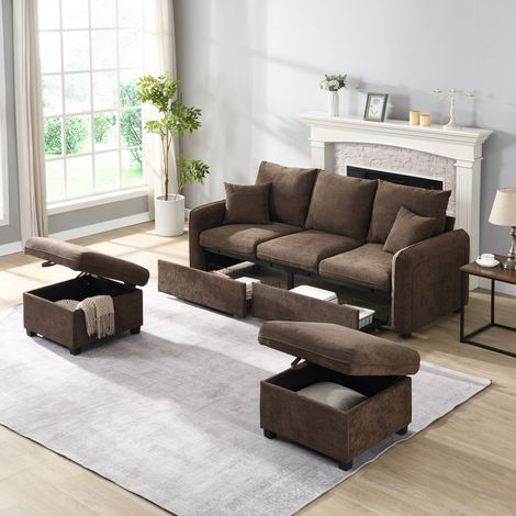 Sofá salón modular con almacenaje chenilla marrón grande OKMYHOME (1/5)