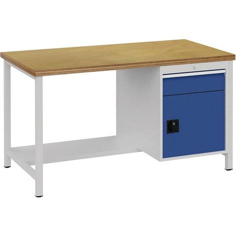 Banc de travail bleu signal, gris clair, B1500xH859xT750mm, hêtre, multifonction, 40mm, 1 tiroir, 1 porte (1/3)
