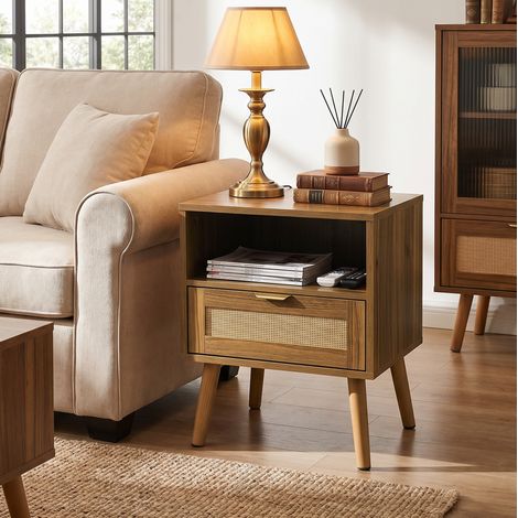 Table de chevet en rotin 45x40x55 cm, 1 tiroir et niche ouverte, style bohème, MDF bois brun noyer (1/5)