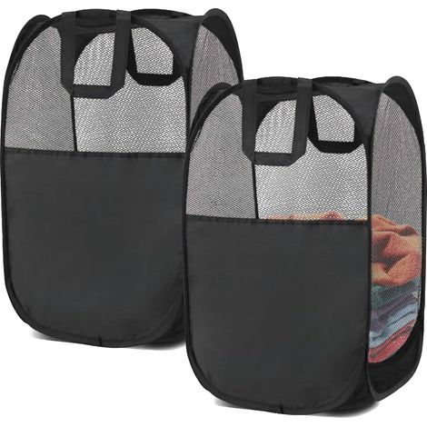 2 paniers à linge, paniers à linge pop-up, paniers à linge pliables en maille (chacun avec 2 poignées renforcées), noir (1/5)