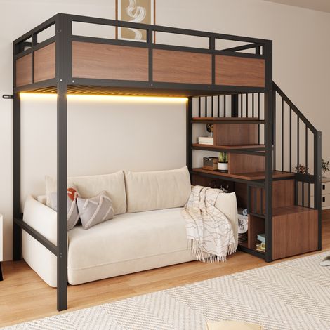 Cama alta de metal 245.2x95.5x170 cm con escalera reversible, barandilla elevada, LED, madera, negro (1/5)