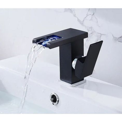 Badarmatur, RGB-Farbwechsel-Wasserfallarmatur, Waschbeckenarmatur, Küchenarmatur, Einhebel-WC-Armatur – Kurz, Schwarz