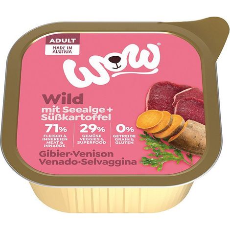 WOW  Nassfutter für Hunde  Schale 150 g – WOW Wild – Hirschfleisch mit Algen und Süßkartoffeln 150 g