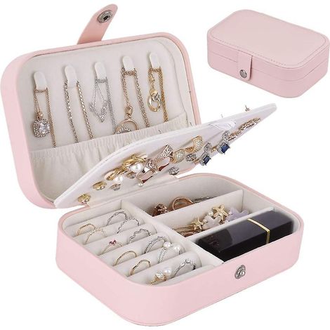 Boîte de rangement rose pour bijoux de voyage, étui portable pour bracelets, boucles d'oreilles, bagues et colliers - Bijoux non inclus (1/5)