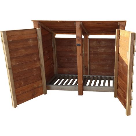 Wooden Log Store Reverse Roof, W146xH126cm (Brown finish) With doors and With Kindling Shelf