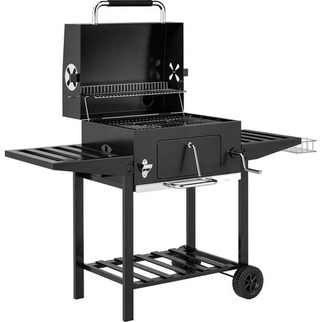 Holzkohlegrill auf Rädern mit verstellbarem Grillrost und klappbaren Seitenablagen, aus Stahl und PP, 133,5 x 65 x 110 cm, schwarz