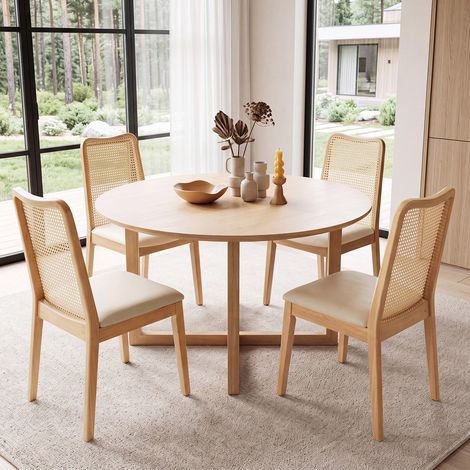 Wahson 4 PZ Sedie da Pranzo in Legno, Sedie Cucina in Rattan con Struttura in Legno Sedia Morbida in Ecopelle per Sala da Pranzo/Cucina, Bianco (1/5)
