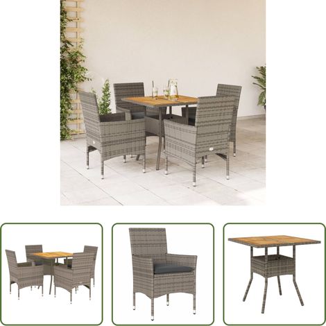 Gartentisch -  5-tlg. Garten-Essgruppe mit Kissen Grau Poly Rattan Akazie (1/5)