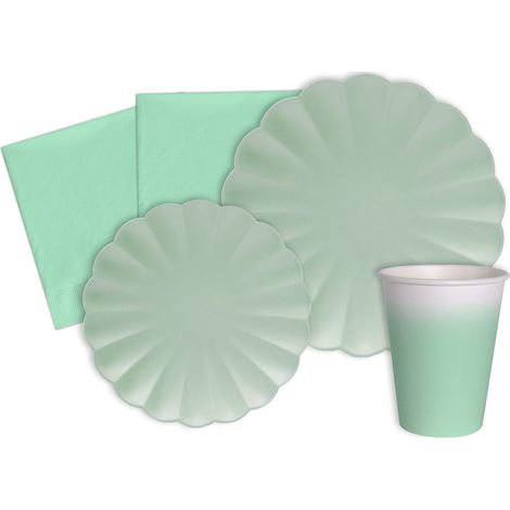 Kit Party Tavola Flower Shape per 8 persone (44 pezzi: 8 piatti Ø23cm, 8 piatti Ø18cm, 8 bicchieri 200ml, 20 tovaglioli 33x33cm) in carta compostabile eco-friendly, verde menta (1/5)