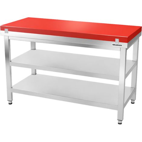 Table de travail en inox 1400x700 mm avec plaque de découpe rouge et 2 étagères PREMIUM - GOLDINOX (1/4)