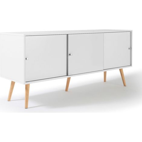 Idmarket – Buffet bas scandinave 135 cm – 3 portes en MDF blanc – Dimensions : L. 135 x l. 40 x H. 62 cm – Pieds en pin pour stabilité (1/8)