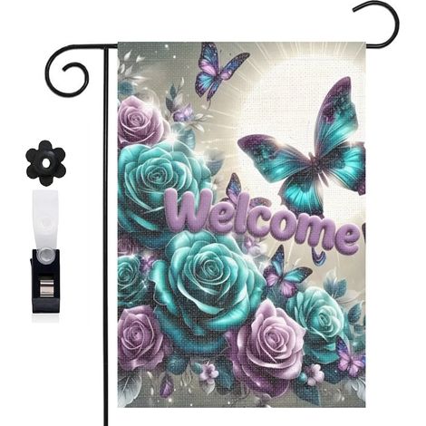 Drapeau vertical Welcome et papillons pour le jardin 30 x 45 cm décoration saisonnière extérieure (1/5)