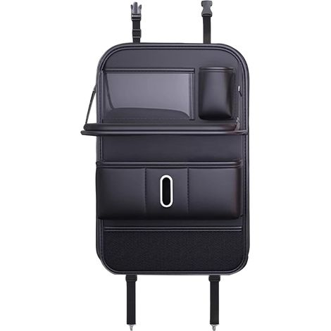 Organizador para el asiento trasero del coche Protector de asiento con compartimentos Soporte de cuero para tablet, bandeja plegable para comidas, dispensador de pañuelos y alfombrilla absorbente de (1/5)