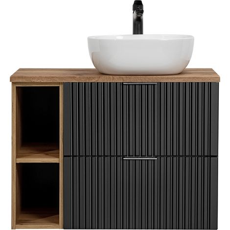 Badmöbel Waschtisch Set Unterschrank ADELAIDE-56-BLACK matt schwarz gerillt mit Wotan Eiche Nb., 42cm Keramik-Waschbecken, 2 Softclose-Schubkästen, B/H/T 80,6/73,7/46,5 cm (1/5)