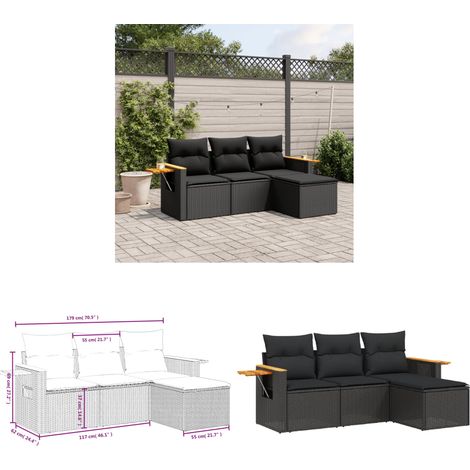 Salon de jardin 4 pcs avec coussins noir résine tressée - Ensemble Salon De Jardin - Meuble Extérieur - Résine Tressée - Rotin Synthétique - Canapé D'extérieur - Home & Living (1/3)