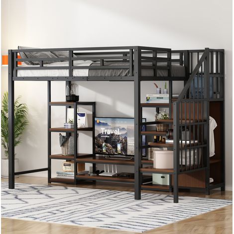 Cama alta dormitorio con soporte TV y escalera negra OKMYHOME (1/5)