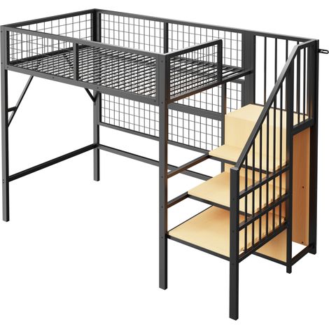 Letto a soppalco in metallo 90 x 200 cm nero con LED APP, scala contenitore e armadio aperto (1/5)