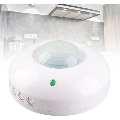Capteur Infrarouge de Mouvement pour Lumière – Détecteur de Corps Infrarouge de 6m, 120° (Côté)/360° (Supérieur) – Interrupteur LED/Lampe/CFL/Fan 10A, 1200W max – Blanc/Plastique – Réglage Lumière/Dél (1/5)