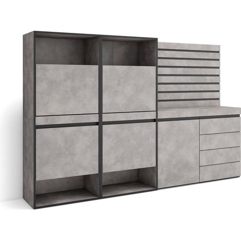 Skraut Home - Zapatero, Armario zapatos botas, 227x145x35 cm, Dormitorio, habitación, Cómoda, Cajonera, Listones Decorativos, Estilo Moderno, Gris Cemento (1/5)