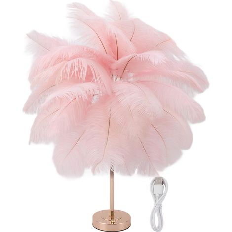 Lampe de Table Décorative 30 Plumes avec USB rechargeable et Toucher contrôle LED rose avec batterie intégrée