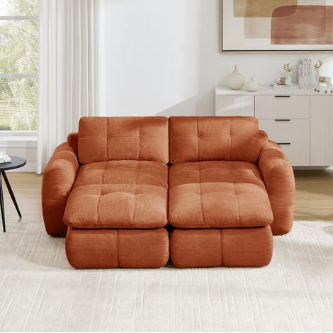 Canapé modulable 2 places sans montage en chenille orange avec 2 ottomans DESVIAE (1/5)