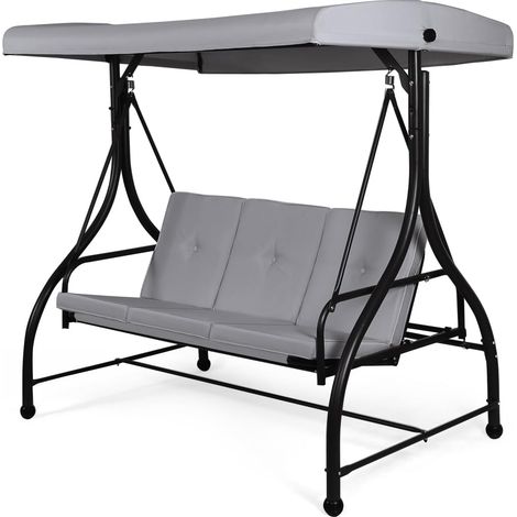 COSTWAY Patio Swing 3-Person Convertible Canopy Swing w/Cushion Seats-Grey