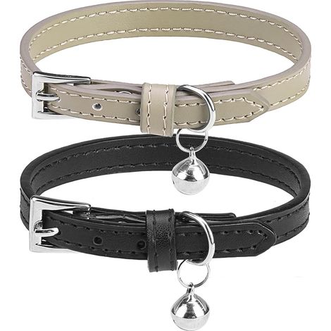 Collier Pour Chat - Cuir Véritable Souple Réglable 8,7 À 10,6 Pouces - Noir Et Kaki - Lot De 2 (1/5)