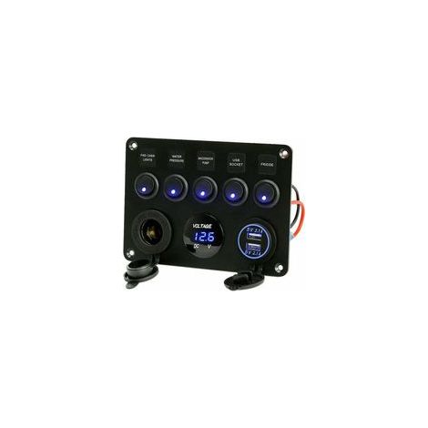 Panel de interruptores de palanca de 5 vías, cargador con toma USB doble, toma de corriente de 12 V, voltímetro LED para automóviles, barcos, vehículos recreativos, camiones y autocaravanas (azul)