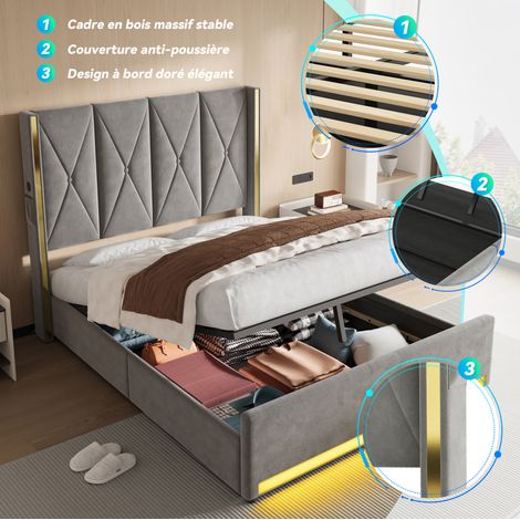Cama con canapé 160x200 cm de terciopelo gris oscuro con USB, LED y almacenaje - MEUBLIV (1/5)