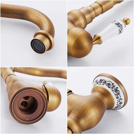 Robinet Lavabo Vintage Robinet Mitigeur Evier Cuisine avec Poignée en Céramique Pivotant à 360° avec Bec Haut Bronze