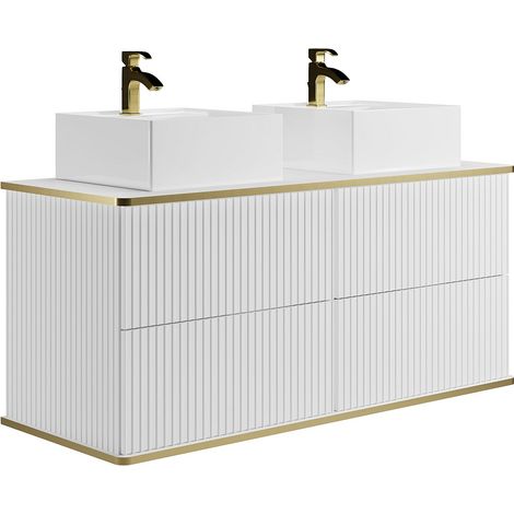 Mobile per bagno sospeso con scanalature con profilo Dorato e lavabo doppio da appoggio 120 cm Bianco - KELIZA (1/4)