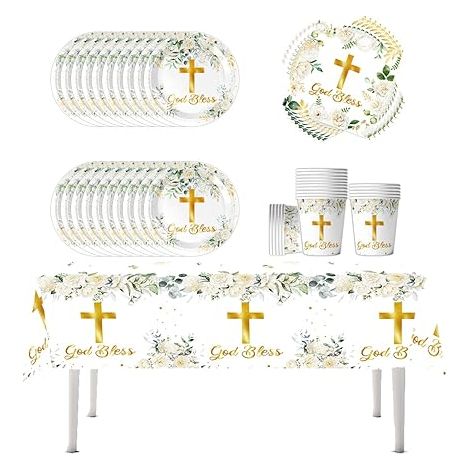 vaisselle de croix florale vaisselle de communion et de baptême set de fournitures de fête pour enfants anniversaire (1/5)