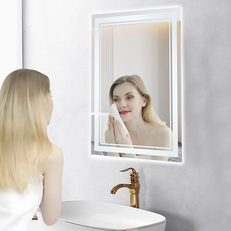 Espejo de baño LED Sanitemodar 50x70cm, espejo de baño con interruptor de pared, espejo de pared con luces de tres colores, sin empañar, interruptor táctil (1/5)