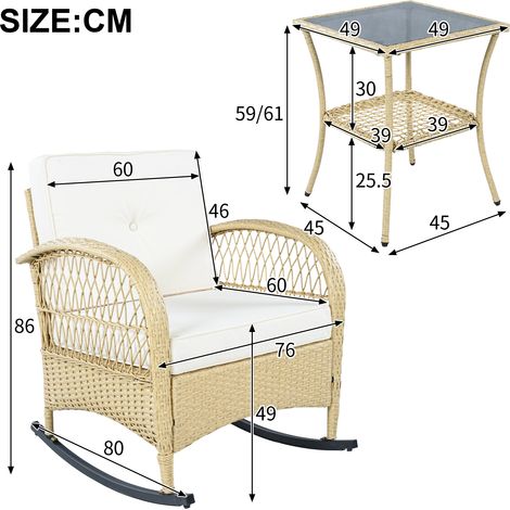 ELVMI Set da Giardino con 2 Sedie a Dondolo e 1 Tavolino, Rattan, Tessuto Impermeabile e Metallo, Beige (1/4)