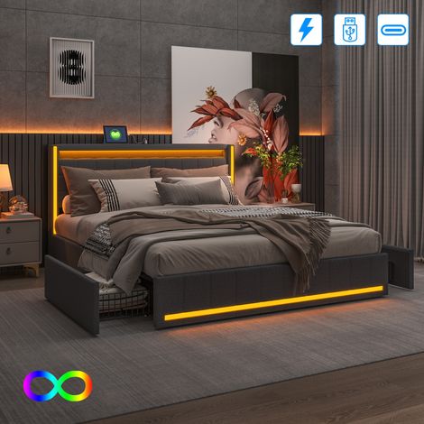 Lit double adulte 140x190 cm avec 4 tiroirs, rangement, éclairage LED, tête de lit avec ports USB et Type-C, revêtement en lin gris foncé