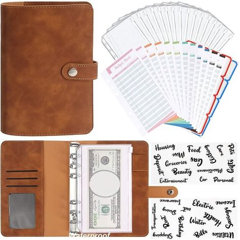 Enveloppe Budget A6 - Porte-documents en Cuir PU Écologique avec 12 Enveloppes PVC Transparentes et 12 Feuilles de Suivi Budgétaire - Brun (1/5)