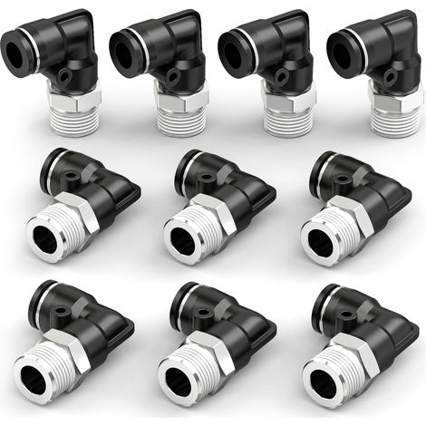 10 pièces raccords à emboîter mâles coudés à 90 degrés pour tubes de 8 mm de diamètre extérieur x filetage BSP 1/8", Connecteurs pneumatiques à poussée rapide noirs (1/5)