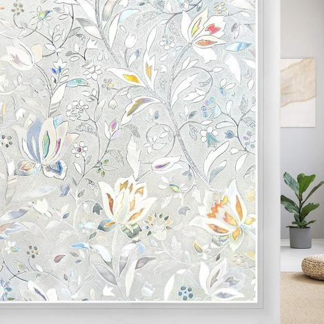 Film autocollant 3D statique pour fenêtre avec motif floral, film occultant pour fenêtre, film pour fenêtre de porte vitrée, film décoratif anti-UV, 44,5 x 200 cm (1/5)