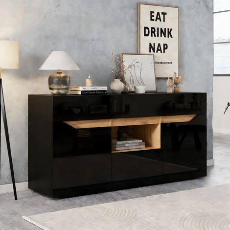 REDOM - Credenza 140x40x70 cm, 4 cassetti, 2 ante, illuminazione a LED, truciolato, nero e legno (1/5)
