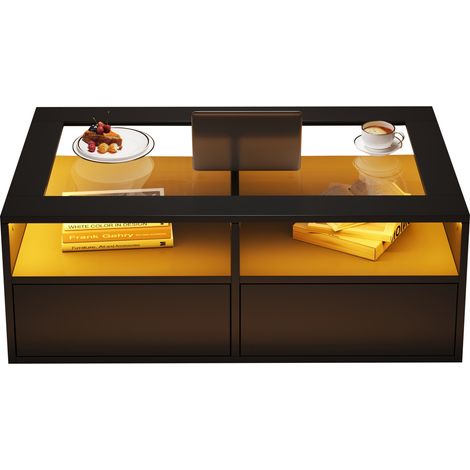 Table basse LED en verre noir avec 2 tiroirs, 2 niches ouvertes et port USB 5V/2A, meuble de salon moderne 100 x 50 x 35 cm pour petit salon – CHICFURN (1/5)