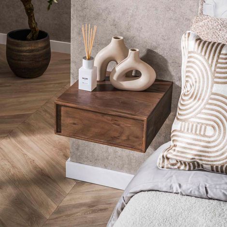 Lot de 2 chevets suspendus carrés 35x13,5 cm en acacia brun foncé (1/5)