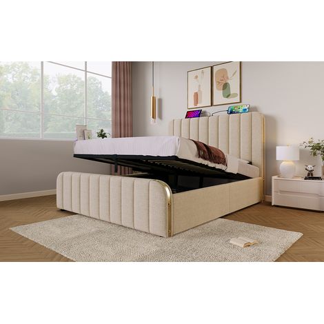 Cama abatible 140x200 cm de lino beige, con USB, ahorra espacio, sin colchón – MEUBLIV (1/5)
