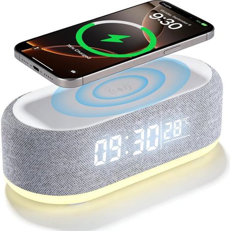Réveil numérique avec station de recharge sans fil, réveil intelligent 4-en-1, veilleuse, avec lumière et température, luminosité réglable