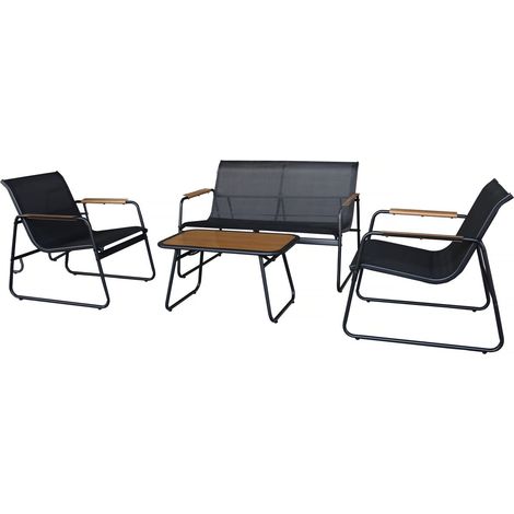 Set di mobili da giardino in metallo "Sparta" con decori in finto legno - 4 posti - Nero