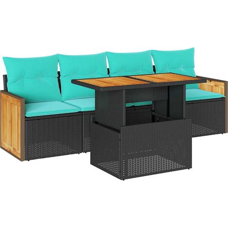 5tlg. Garten-Sofagarnitur mit Kissen Schwarz Poly Rattan Akazie vidaXL