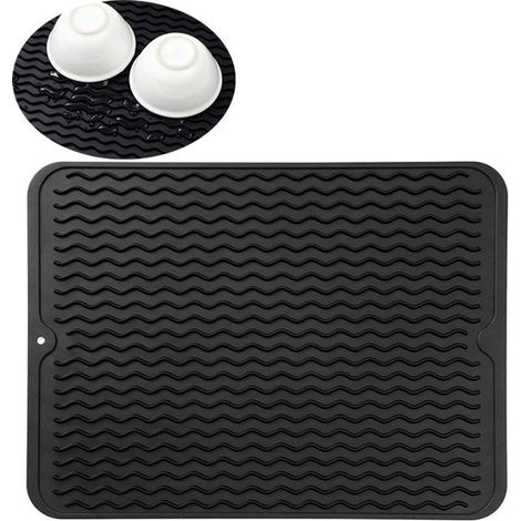 Tapis d'évier en silicone - 40 x 30 cm - Protection d'évier et égouttoir - Tapis antirayures - Protège évier, vaisselle et cuvette - Noir (1/4)