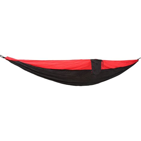 Hamac de camping portable pour 2 personnes en nylon parachute, idéal pour les voyages et la randonnée en plein air (rouge et noir). (1/5)