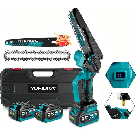 Motosega a batteria senza spazzole 8 pollici, con display a LED, 2 catene + 2 barre guida, con 2 batterie da 4,0 Ah (1/5)