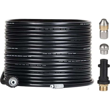 Kit de débouchage de tuyau pour nettoyeurs haute pression - 15 m - Avec buse et buse pivotante - Kit de furet professionnel 180 bars - Avec adaptateur pour accessoires Karcher K2/K3/K4 (1/4)
