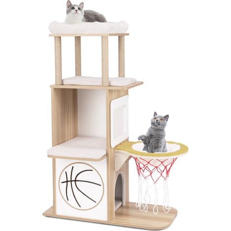 Albero per gatti in legno con 2 posatoi amaca posti per graffiare in sisal, Torre per gatti a tema sportivo di 120cm Naturale (1/3)